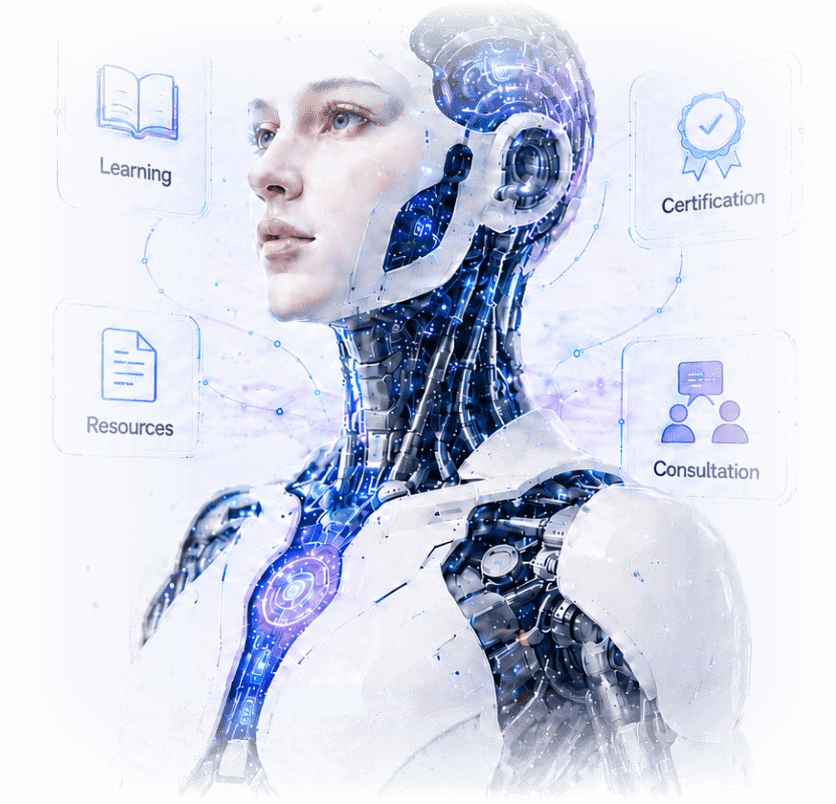 Illustration of an AI figure surrounded by the IMI pillars: learning, certification, resources and consultation.